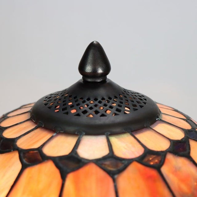 Brown Early 20th Century Arts & Crafts Leaded Stained Glass Table Lamp With Pottery Base For Sale - Image 8 of 13