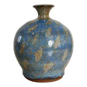 Mid-Century Hand Thrown California Studio Pottery Vase in Blue and Green Swirl Pattern