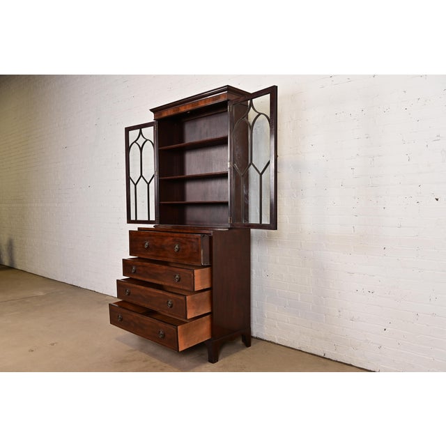 1980s Baker Furniture Georgian Inlaid Mahogany Breakfront Bookcase Cabinet With Drop Front Secretary Desk For Sale In South Bend - Image 6 of 13