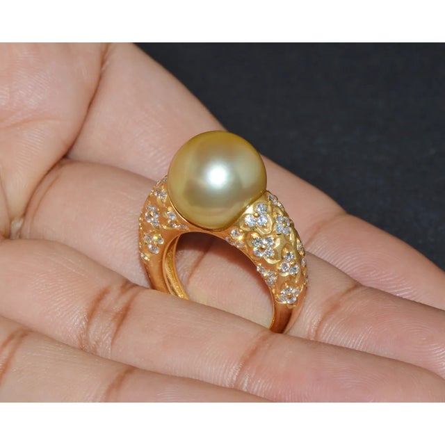 Certified Natural 1.31Cts VS F Diamond 13MM South Sea Pearl 18K Solid Gold Ring, size 6.75 For Sale - Image 10 of 10