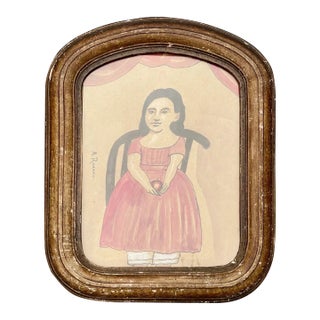 Original Folk Art Watercolor Painting by Antonio Romano Girl With Apple For Sale