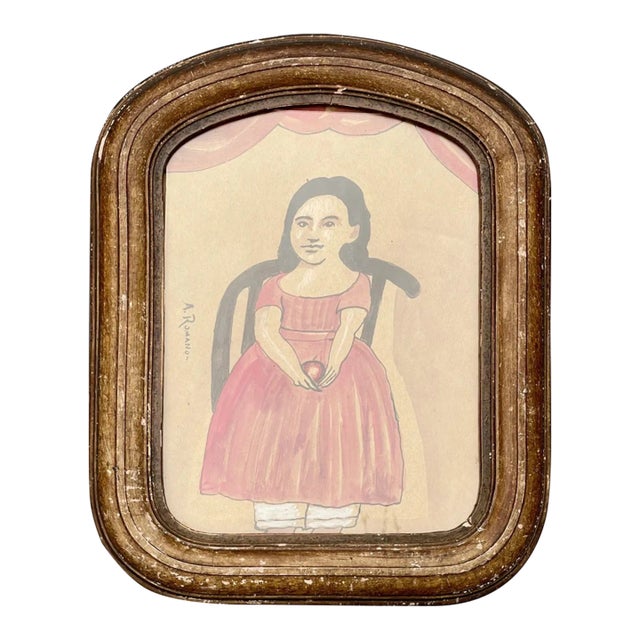 Original Folk Art Watercolor Painting by Antonio Romano Girl With Apple For Sale