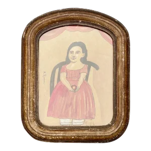 Original Folk Art Watercolor Painting by Antonio Romano Girl With Apple