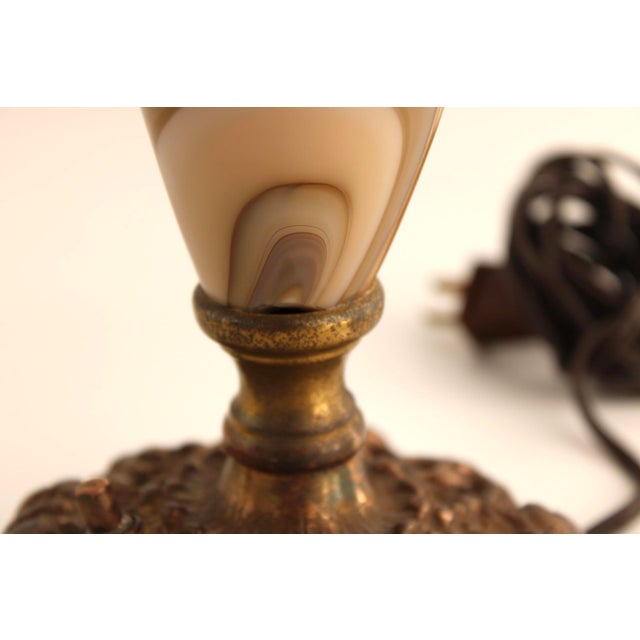 Vintage Art Nouveau Blown Glass Table Lamp W/ Brass Base, Caramel Slag, Houze For Sale - Image 15 of 15