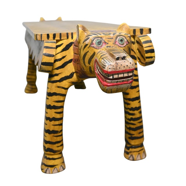 1990s 1990s Hand-Painted Wooden Tiger Bench Folk Art Accent For Sale - Image 5 of 5