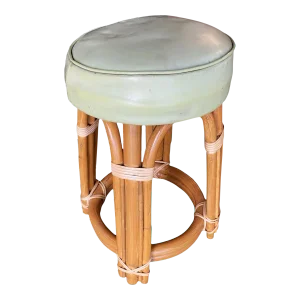 1950s Restored Single Stand Arched Rattan Vanity Stool with Teal Seat