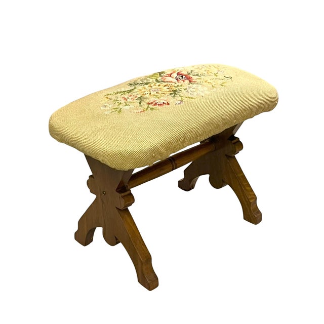 Vintage English Needlepoint Footstool With Carved Oak Base | Mid-Century Upholstered Stool For Sale - Image 11 of 18
