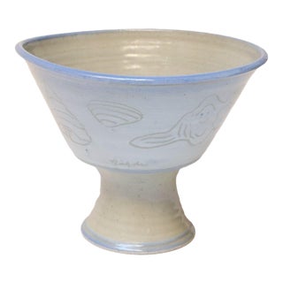 Vintage Incised Studio Pottery Compote Vase With Shell Motif by Deanna Nichols For Sale