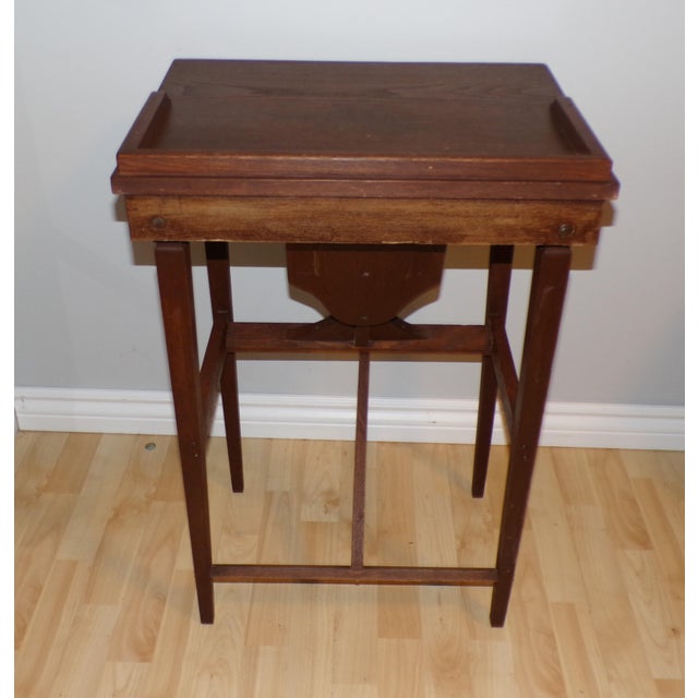 Vintage Mission Solid Oak Telephone Stand Childs Desk Integrated Fold Out Stool For Sale - Image 13 of 15