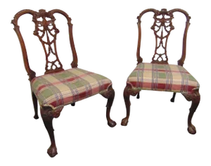 Chinese Chippendale Carved Mahogany Claw & Ball Side Chairs - a Pair