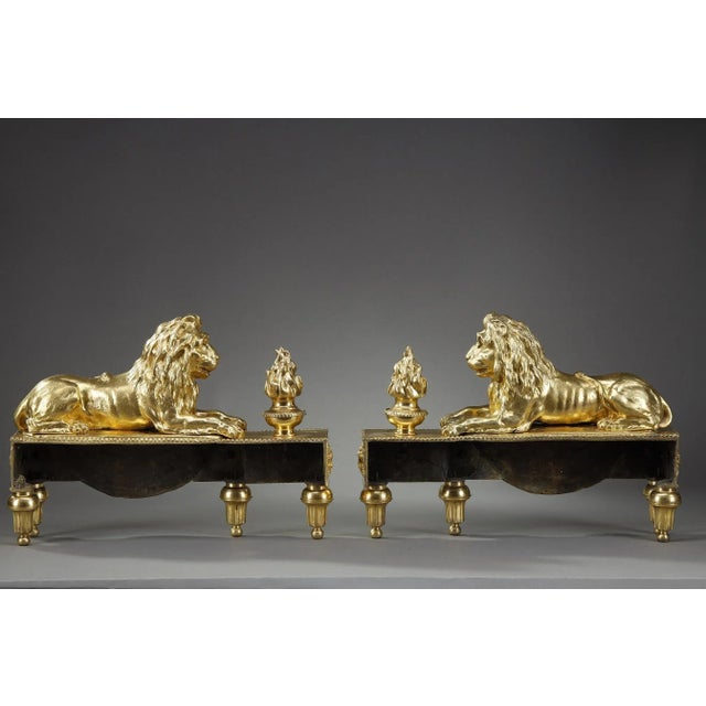 Andirons with Lions in Gilded & Chiseled Bronze, Set of 2 For Sale - Image 16 of 18