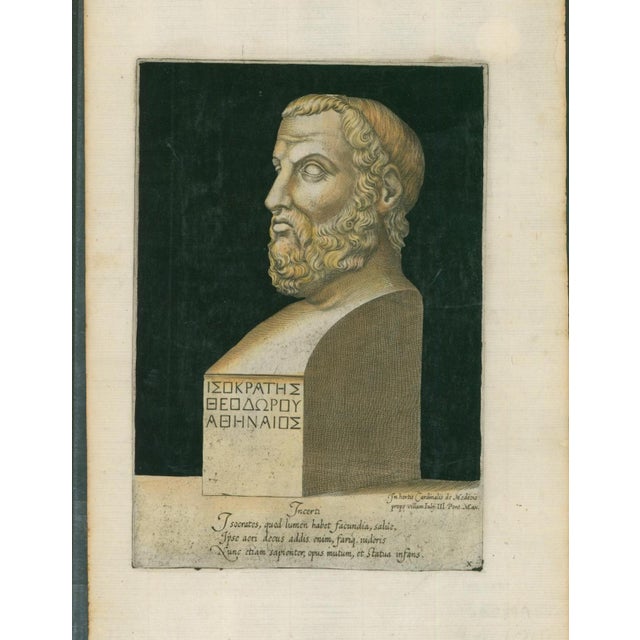 Original 16th-century Old Master portrait engraving of Isocrates, the celebrated ancient Greek orator, shown as a...