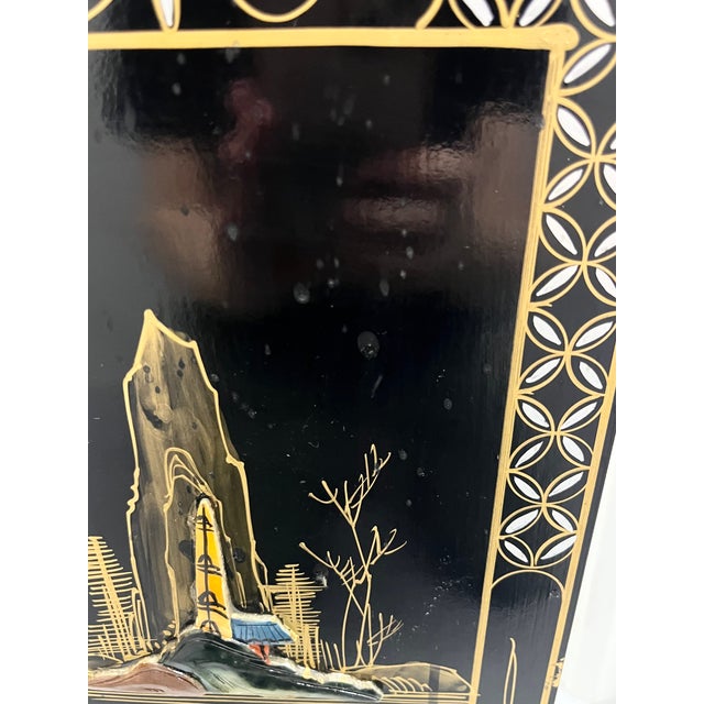 Vintage Chinoiserie Black Lacquer and Soap Stone Maiden Umbrella Stand For Sale - Image 16 of 18
