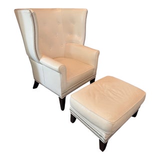 White Leather Wing Chair and Ottoman For Sale