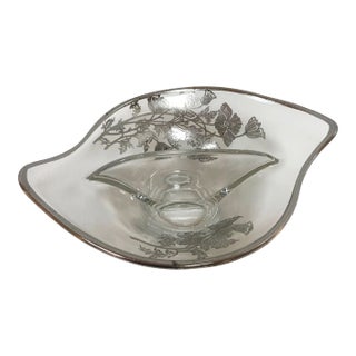 1960's Silver Overlay Glass Divided Candy Dish For Sale