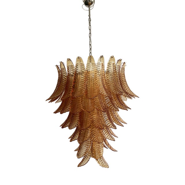Large Italian Amber Murano Glass Felci Chandelier, 1990 For Sale