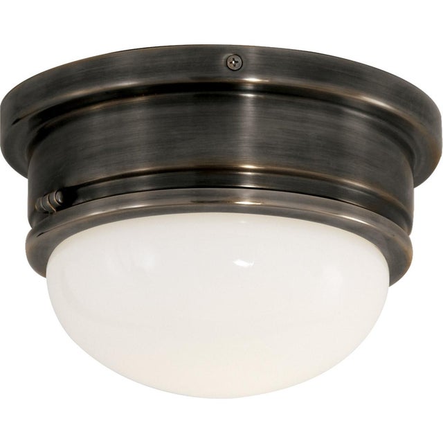 Modern Chapman & Myers for Visual Comfort Signature Marine Medium Flush Mount in Bronze with White Glass For Sale - Image 3 of 4