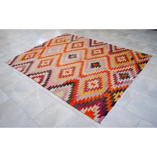 Vintage Turkish Rug Kilim, Handwoven Primitive Tribal Statement, Bohemian Area Rug - 6′1″ X 8′1″ For Sale - Image 11 of 14