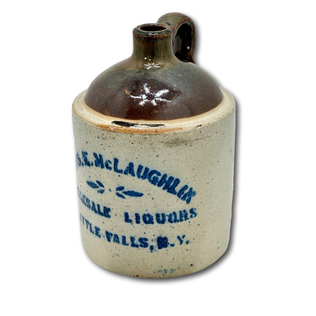Ceramic Nice Small Antique 1/2 Gallon Size Stoneware Wholesale Liquor Merchants Jug From Little Falls New York For Sale - Image 7 of 18