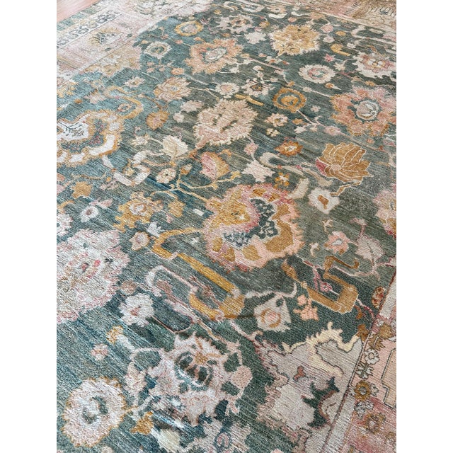 Textile Antique Angora Oushak Carpet, Handmade Oriental Rug, Light Blue, Shrimp, Taupe For Sale - Image 7 of 18