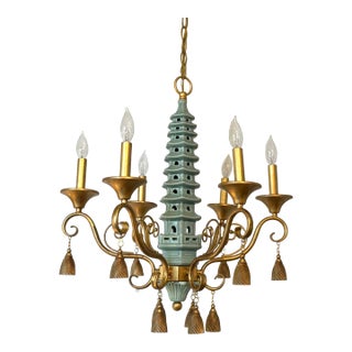 Port 68 Celadon Ceramic Pagoda Chandelier For Sale