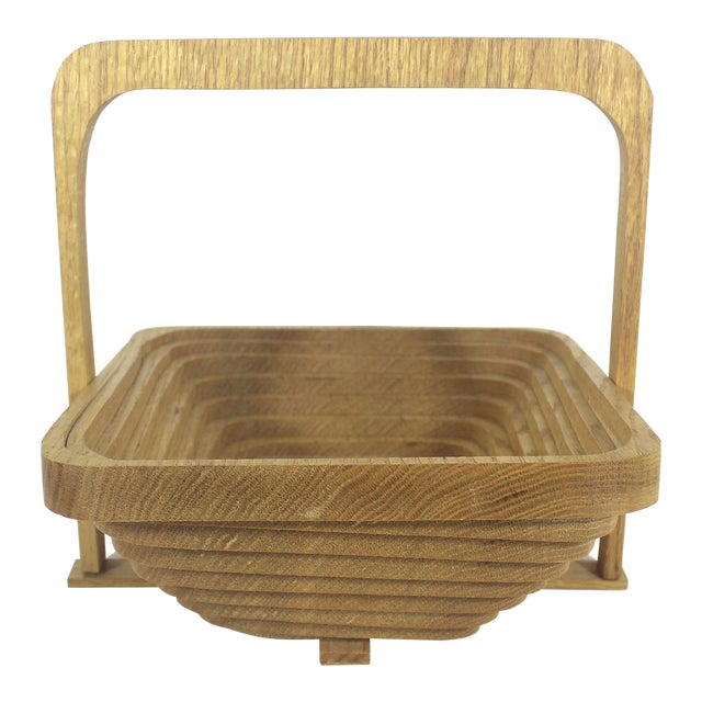 Vintage Oak Wood Collapsible Basket Bowl For Sale