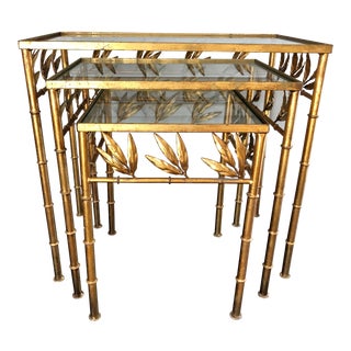 Vintage Italian Gilt Tole Faux Bois Nesting Tables- Set of 3 For Sale
