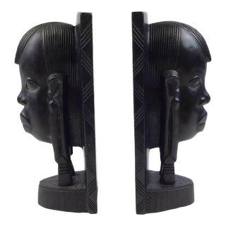 Vintage African Solid Ebony Carved Bust Bookends For Sale