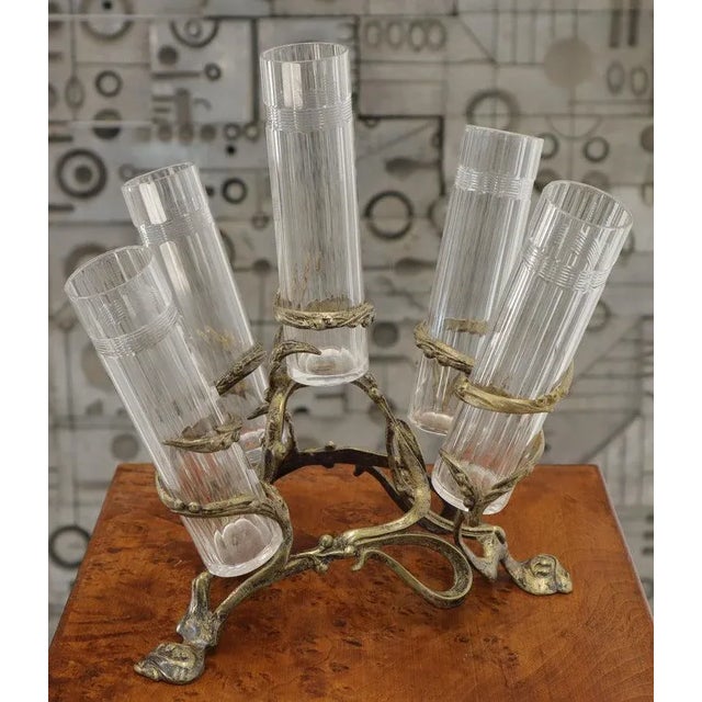 Brass Art Nouveau 5 Branches Center Piece Cut Glass Vases For Sale - Image 8 of 13
