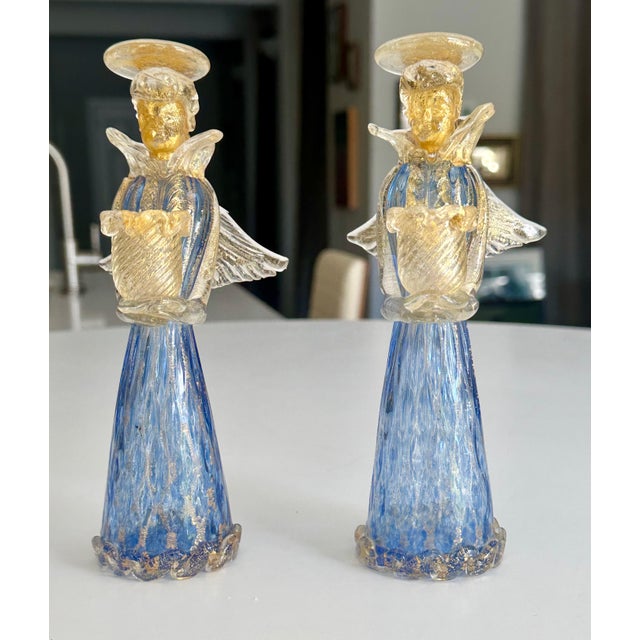 Pair Murano Venetian Blue & Gold Glass Angel Candle Holders For Sale - Image 12 of 12