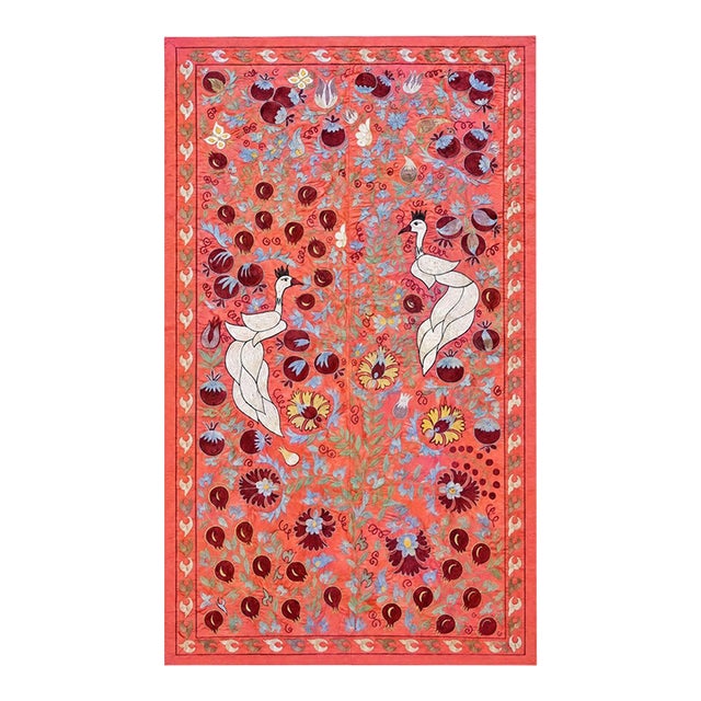 Coral Silk Suzani Wall Hanging With White Peacocks For Sale