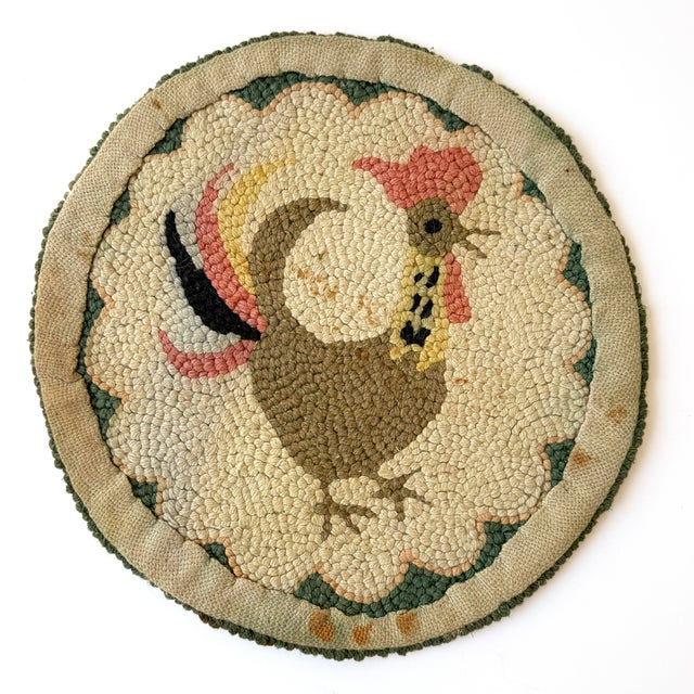 Handmade Vintage Rooster Hook Rug For Sale - Image 4 of 4