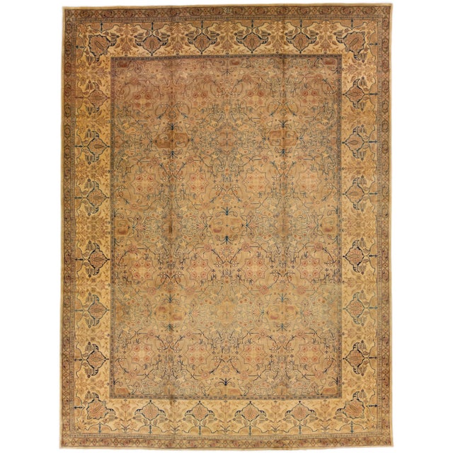 Tan 1900s Antique Tabriz Tan Handmade Rosette Designed Oversize Persian Wool Rug For Sale - Image 8 of 8