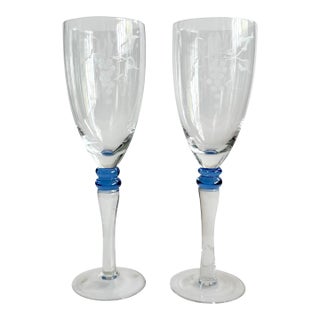 Vintage Champagne Flutes Etched Grape Design With Blue Stem Detail - Set of 2 For Sale