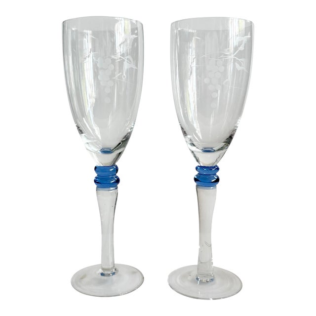 Vintage Champagne Flutes Etched Grape Design With Blue Stem Detail - Set of 2 For Sale