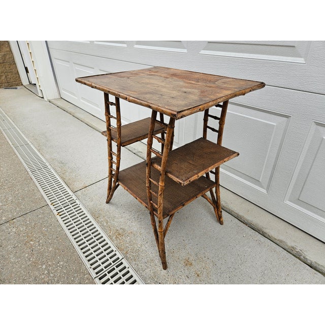Weathered Burnt Bamboo Reed Side Table Plant Stand For Sale - Image 9 of 14