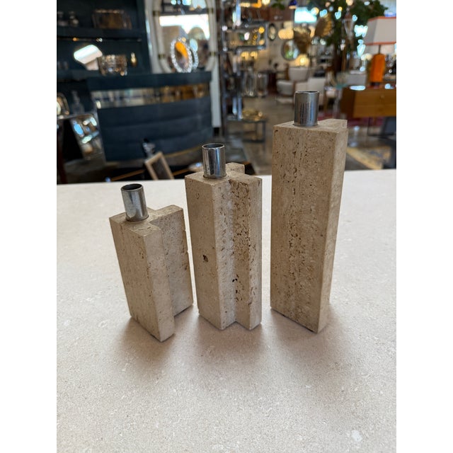 1970s Set of Three Travertine and Chrome Candleholders by c.l.a.m., Italy, 1970s For Sale - Image 5 of 9