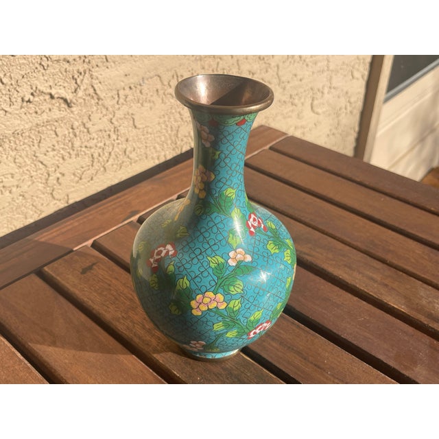 Workaday Handmade Mid Century Chinese Cloisonné Teal Enamel Vase For Sale - Image 4 of 8