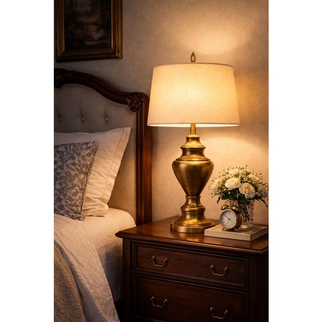 Vintage Antiqued Brass Urn Table Lamp With Linen Drum Shade – 28” Traditional Neoclassical Lighting For Sale - Image 9 of 9