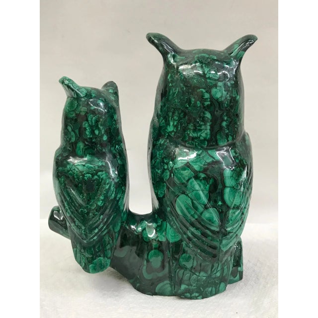 1980s Carved Solid Malachite Stone Owls Sculpture For Sale - Image 4 of 5