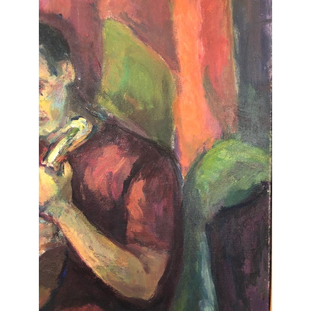 For your consideration: Handsome vintage portrait of a man with mandolin oil on canvas by listed artist Barbara Yeterian...