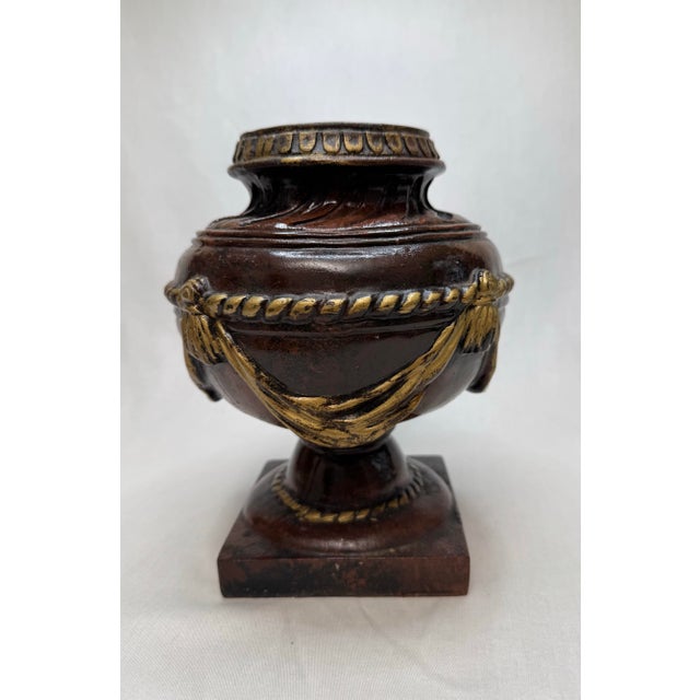 Vintage Italian Renaissance Style Glazed Ceramic Embossed Urn, Gold & Brown For Sale - Image 4 of 12