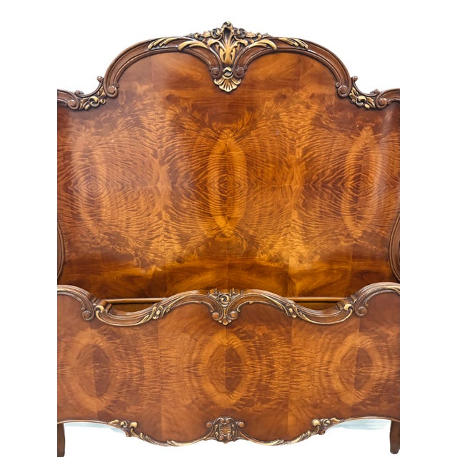 Wood Antique French Louis XV Style Flame Mahogany Twin Bed Frame With Gilt Carved Accents For Sale - Image 7 of 7