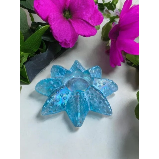 Blue Iridescent Mid Century Starfish Coastal Beachy Candle Holder, Carnival Glass Candle Vessel Textured Paperweight Inspired by Indiana Glass Company For Sale In Charleston - Image 6 of 8