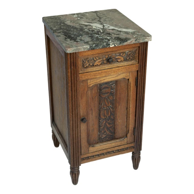 Vintage Deco Wood & Marble Side Table W/Drawer & Door For Sale