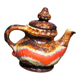 1960s Dumler & Breiden, West Germany Volcanic Tea Pot With Brown, Red and Ocher Wave Glazing For Sale