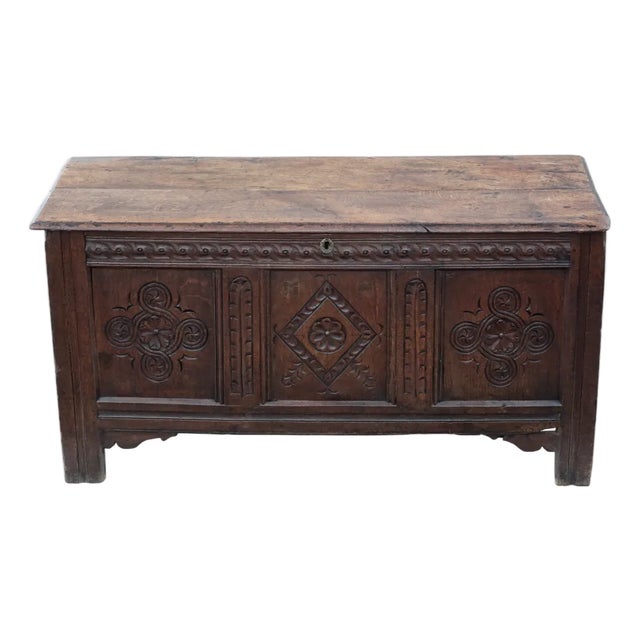Large Carved Oak Coffer with Candle Box For Sale