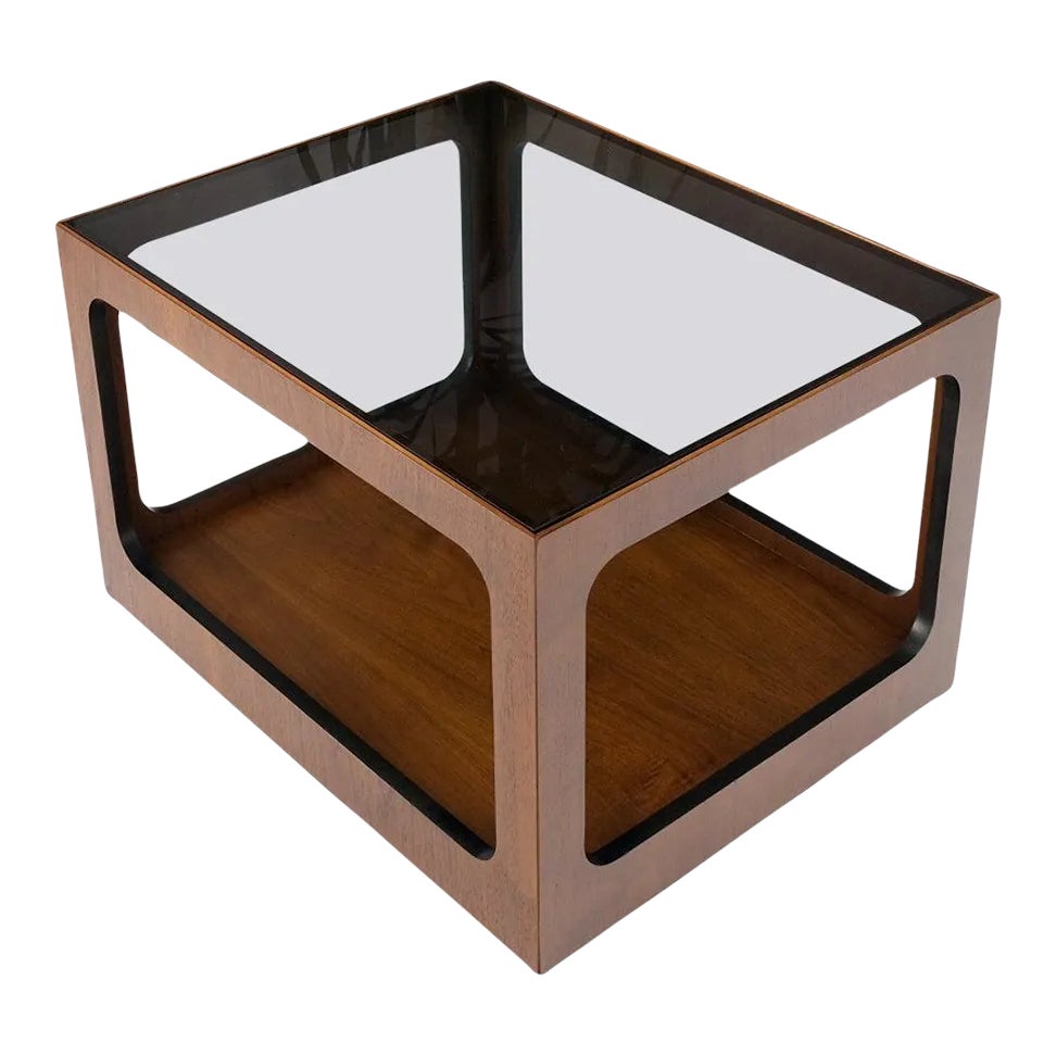 Cube Shape Rectangular Smoked Glass Oiled Walnut Side End Table