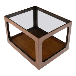 Cube Shape Rectangular Smoked Glass Oiled Walnut Side End Table