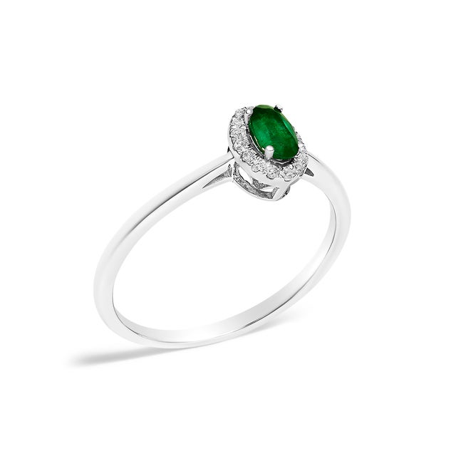 10K White Gold 5X3MM Oval Green Emerald and Diamond Accent Halo Ring (I-J Color, I1-I2 Clarity) - Ring Size 7 For Sale - Image 4 of 7